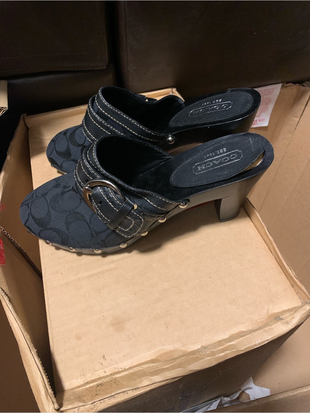 Coach Black Logo Fabric Mule Heels with Studded Strap